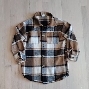 SHEIN Kids Plaid Button-Down Shirt Jacket - Brown, Black & Cream